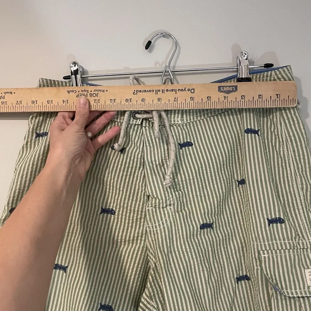 J Crew Swim Shorts Sz 32 Green Striped Seersucker Fish Embroidered Trunks